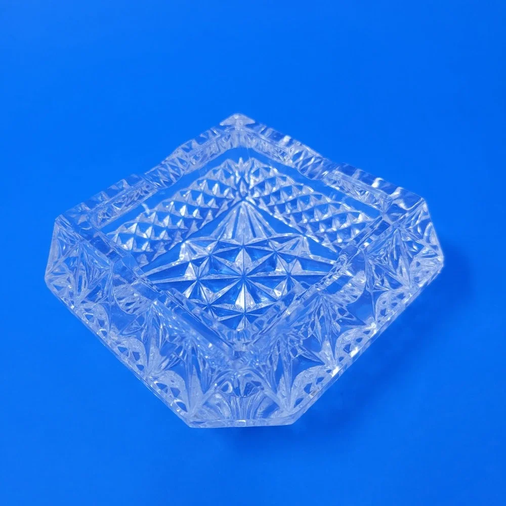 MCM Crystal Ashtray Diamond Cut Square Vintage Heavy Glass Small Chip